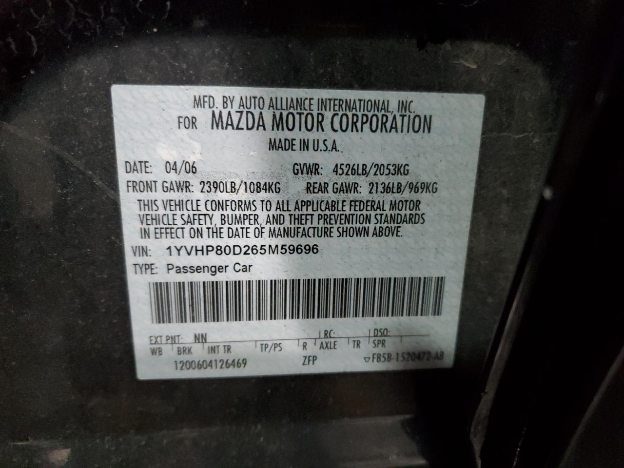 2006 Mazda 6 S VIN: 1YVHP80D265M59696 Lot: 71601305