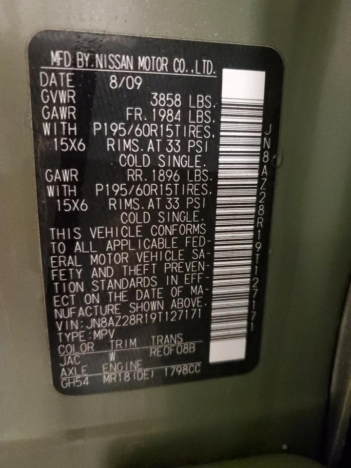 2009 Nissan Cube Base VIN: JN8AZ28R19T127171 Lot: 81718635