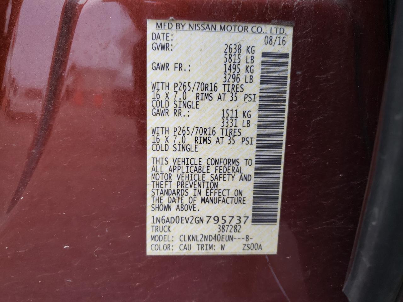 2016 Nissan Frontier S VIN: 1N6AD0EV2GN795737 Lot: 81836465