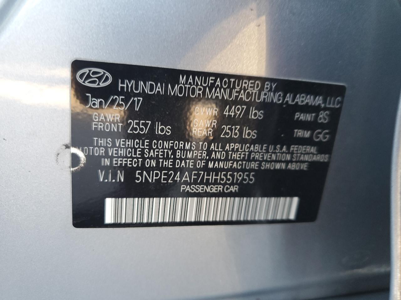 2017 Hyundai Sonata Se VIN: 5NPE24AF7HH551955 Lot: 70963225