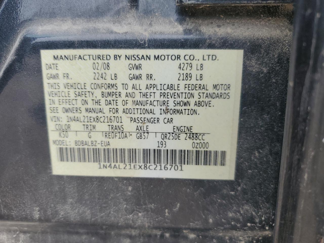 2008 Nissan Altima 2.5 VIN: 1N4AL21EX8C216701 Lot: 81289345