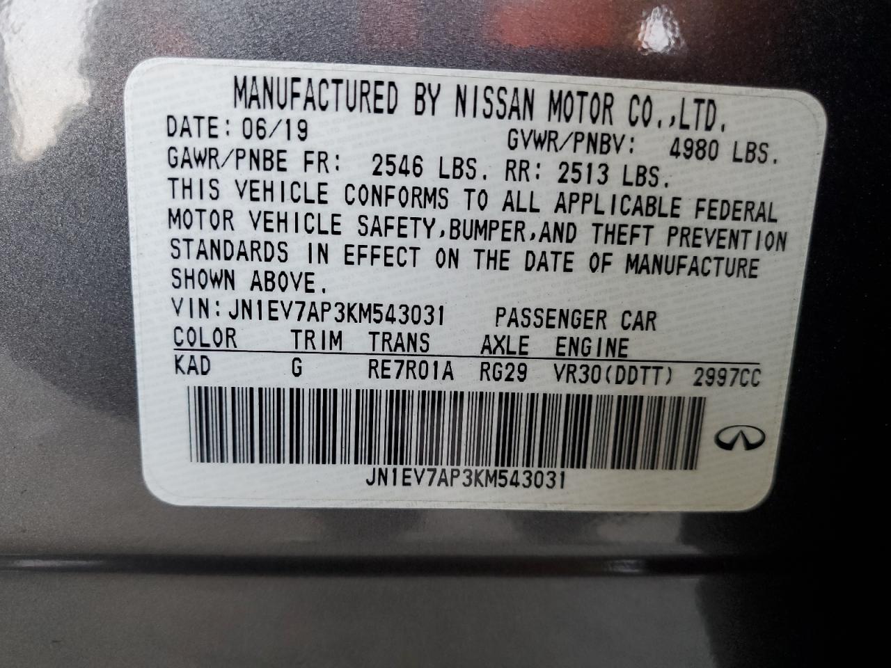 2019 Infiniti Q50 Luxe VIN: JN1EV7AP3KM543031 Lot: 80900265