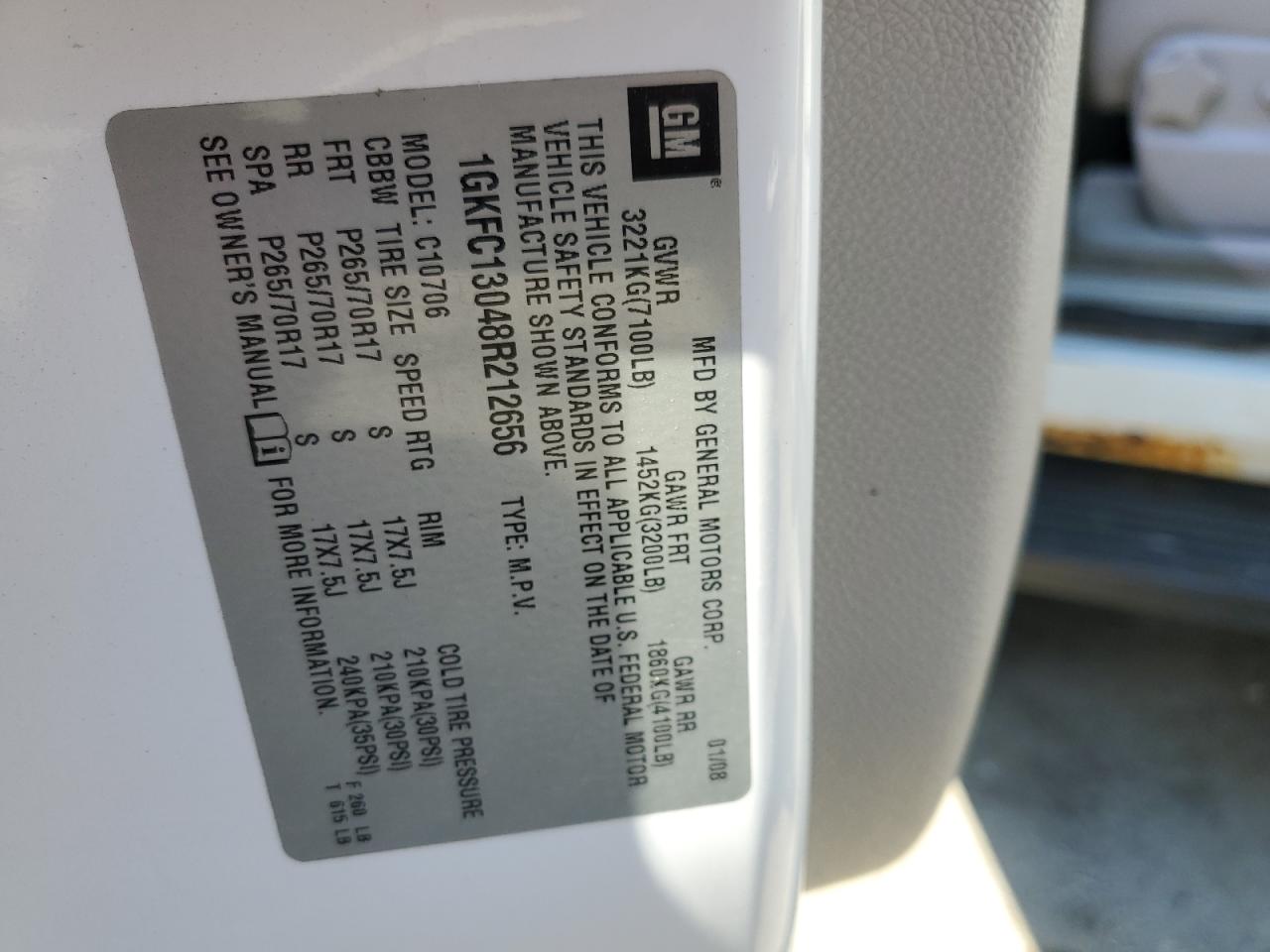 2008 GMC Yukon VIN: 1GKFC13048R212656 Lot: 84547965