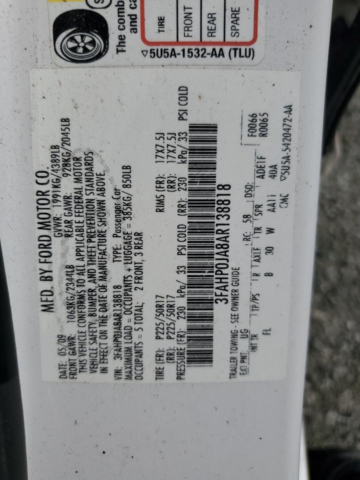 2010 Ford Fusion Sel VIN: 3FAHP0JA8AR138818 Lot: 71870295