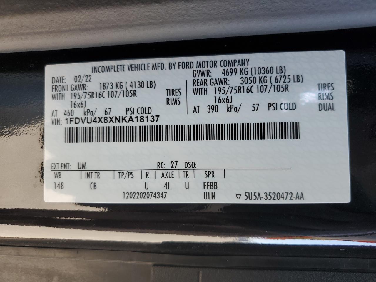 2022 Ford Transit T-350 Hd VIN: 1FDVU4X8XNKA18137 Lot: 71660475