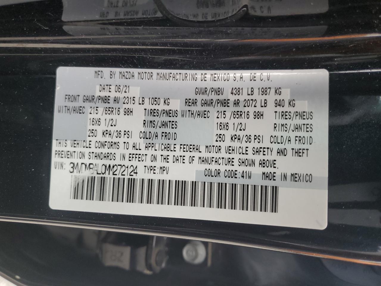 2021 Mazda Cx-30 VIN: 3MVDMBAL0MM272124 Lot: 72015145