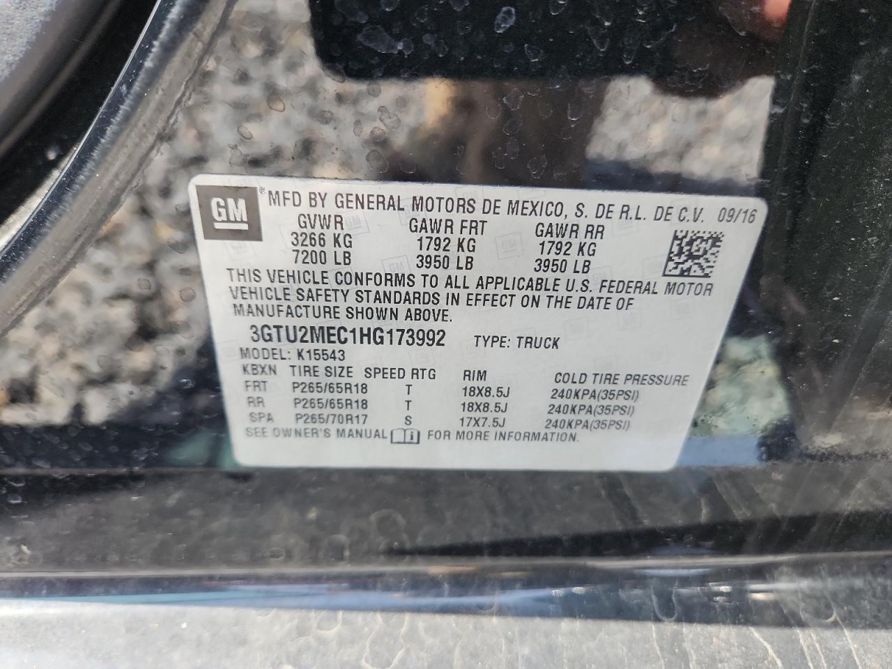 2017 GMC Sierra K1500 Sle VIN: 3GTU2MEC1HG173992 Lot: 80508055