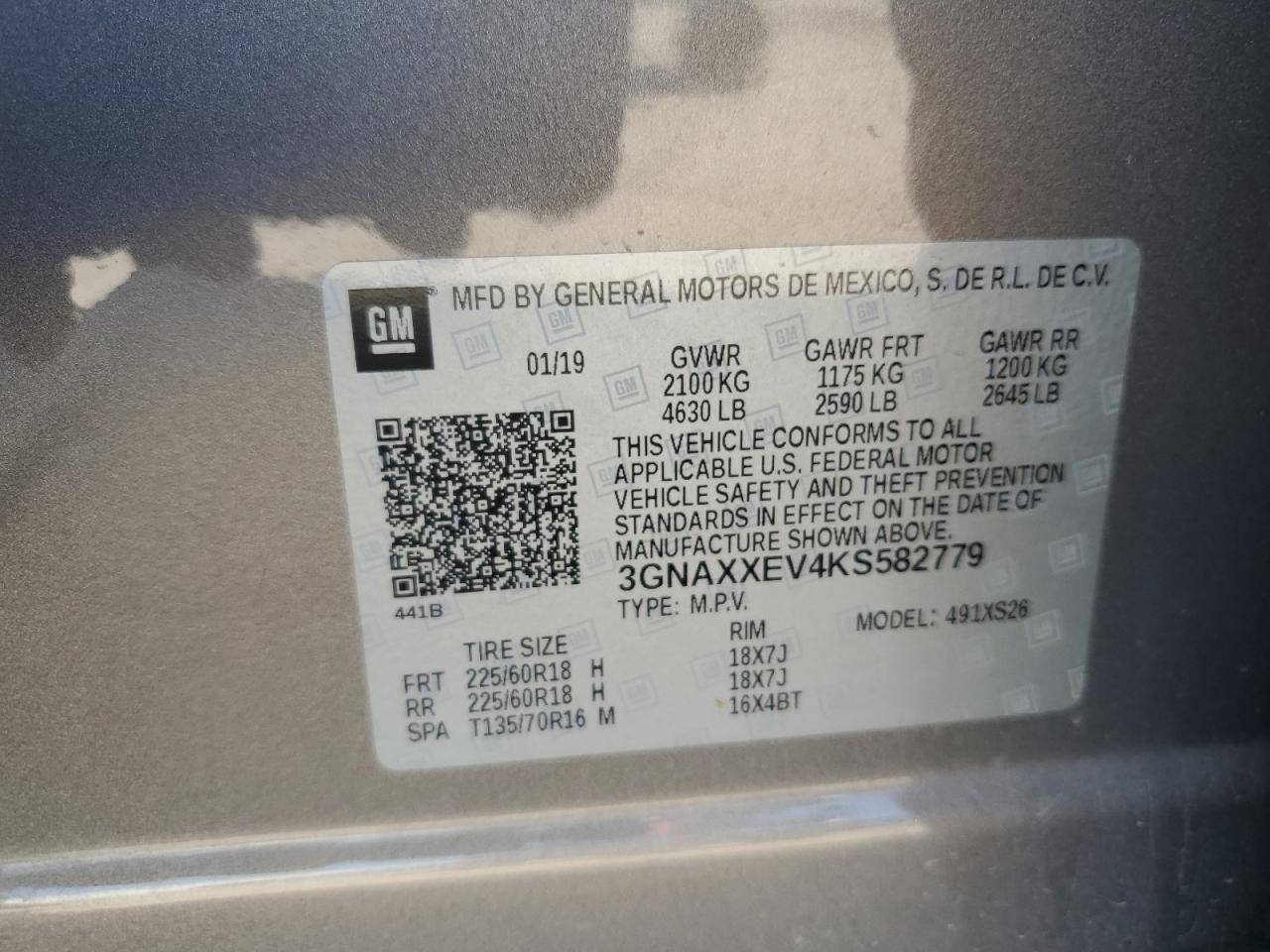 2019 Chevrolet Equinox Premier VIN: 3GNAXXEV4KS582779 Lot: 81445325