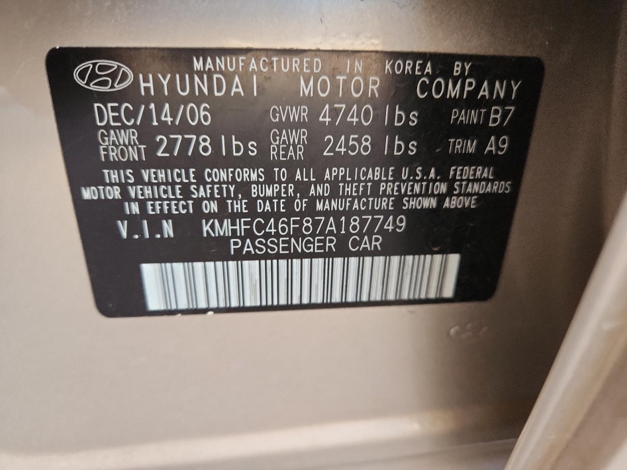 2007 Hyundai Azera Se VIN: KMHFC46F87A187749 Lot: 80725305