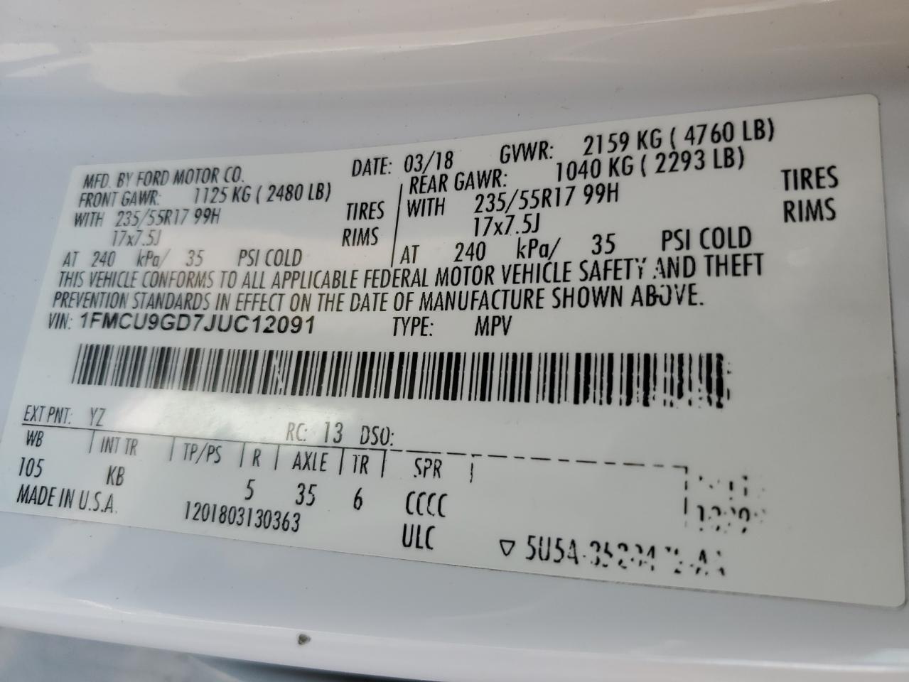 2018 Ford Escape Se VIN: 1FMCU9GD7JUC12091 Lot: 80263125