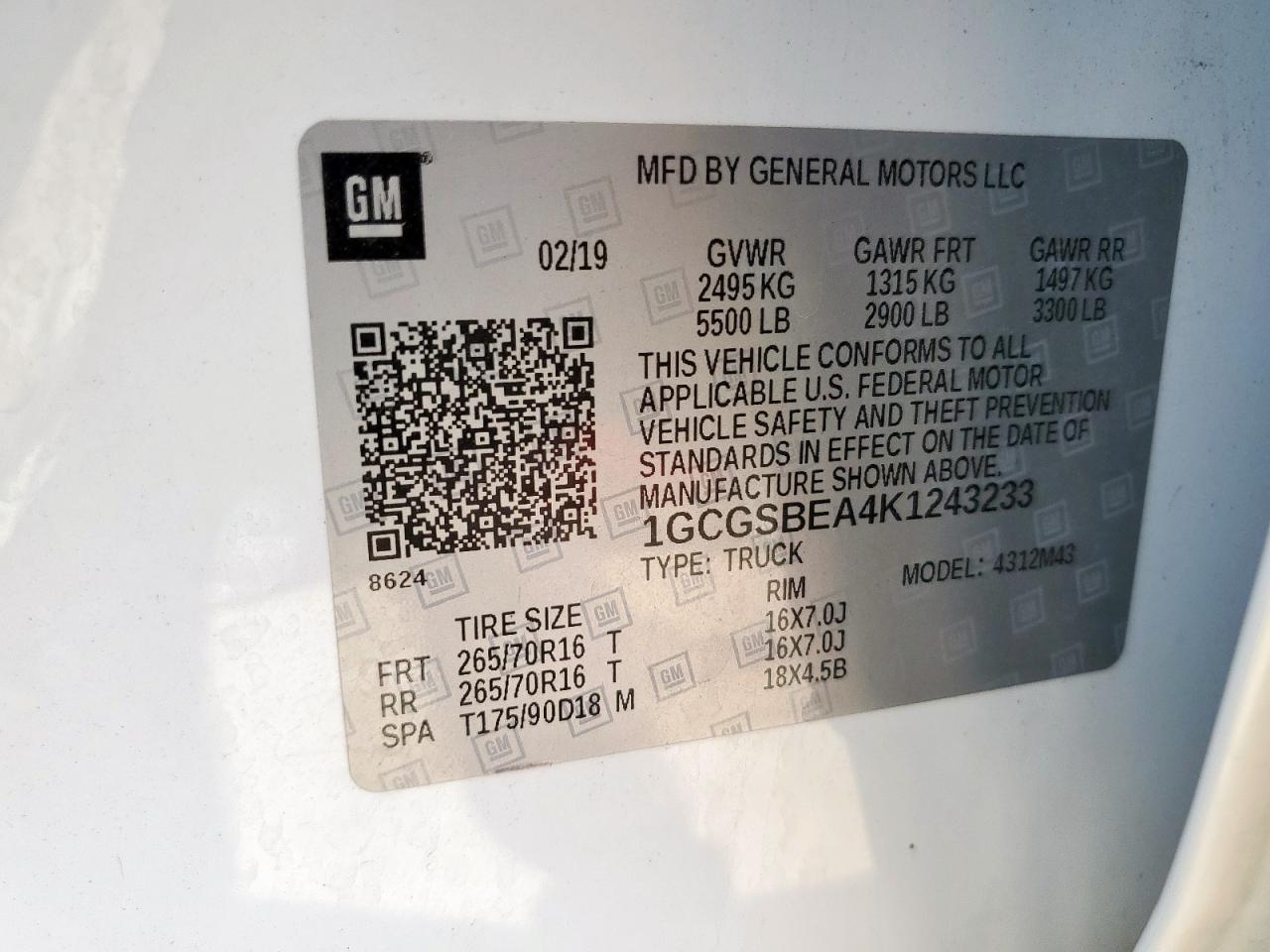 2019 Chevrolet Colorado VIN: 1GCGSBEA4K1243233 Lot: 80839105