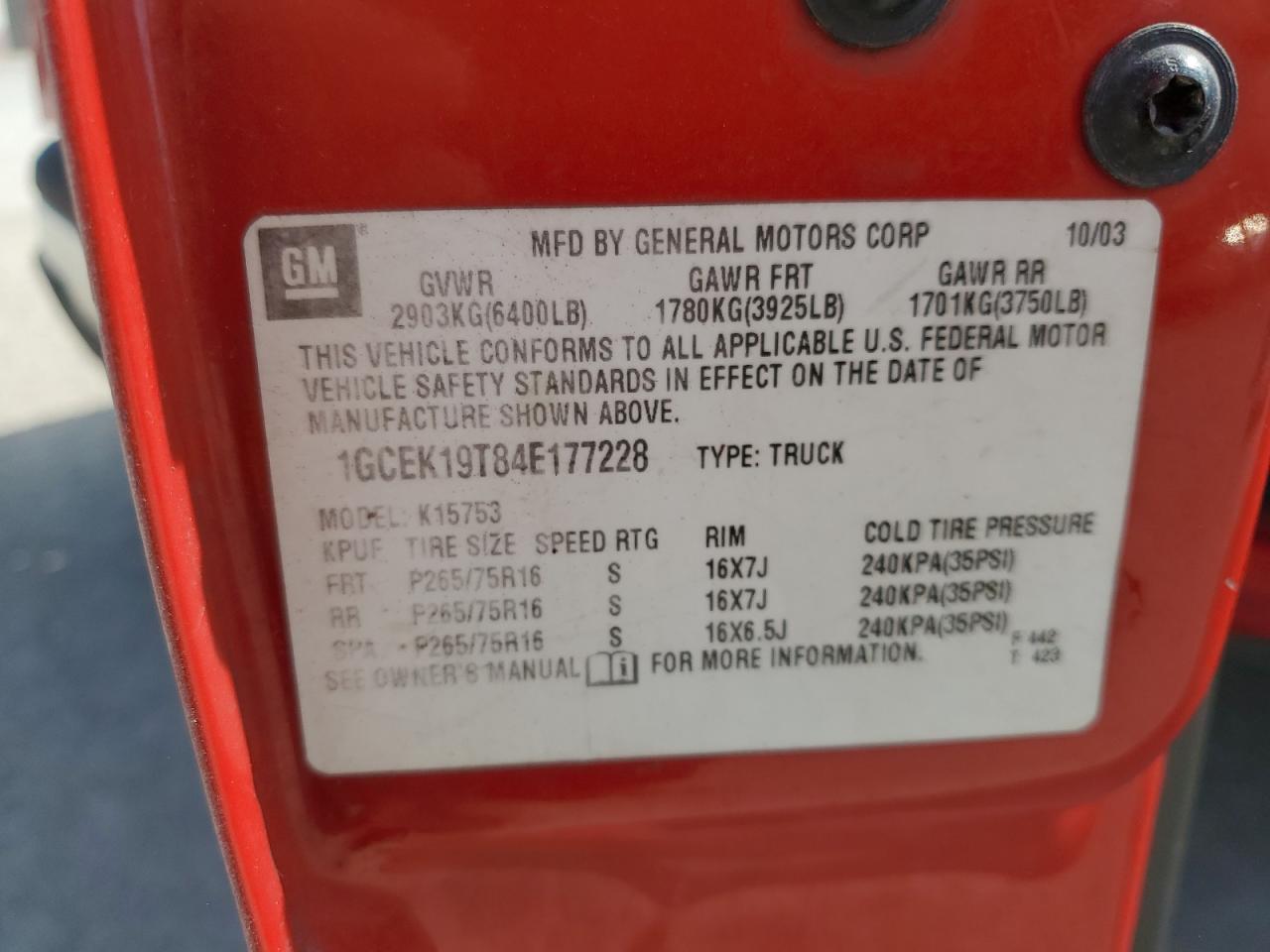 2004 Chevrolet Silverado K1500 VIN: 1GCEK19T84E177228 Lot: 80492085