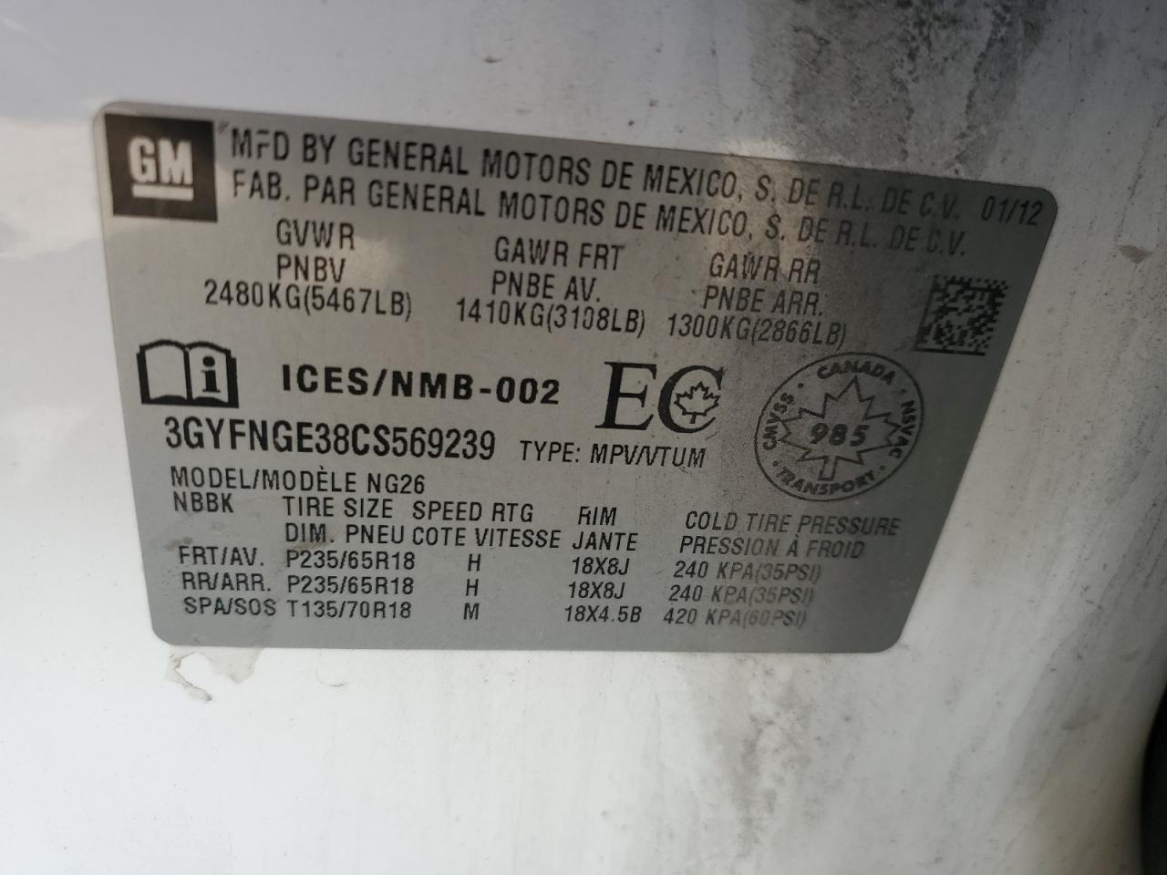 2012 Cadillac Srx VIN: 3GYFNGE38CS569239 Lot: 80652955