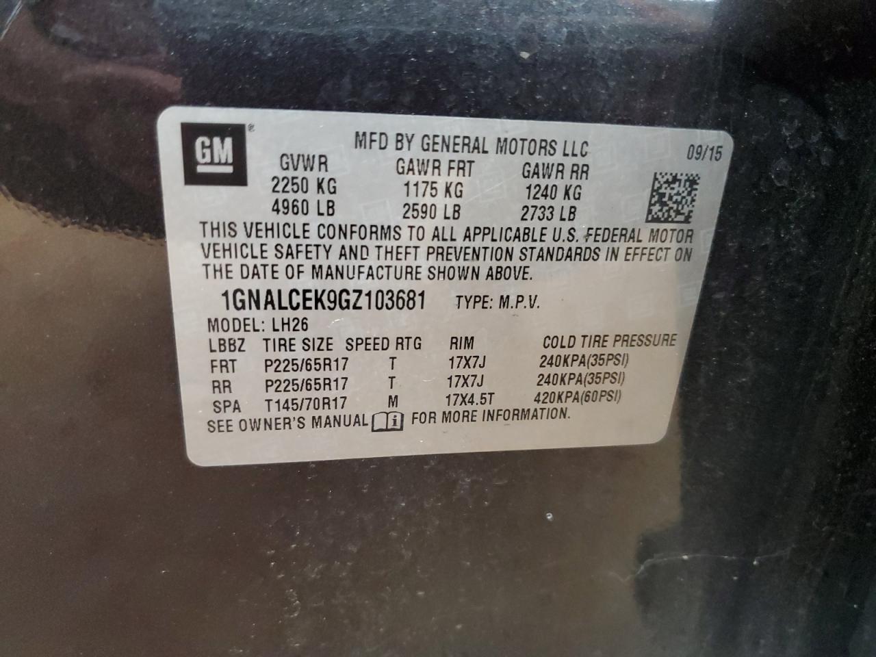 2016 Chevrolet Equinox Lt VIN: 1GNALCEK9GZ103681 Lot: 81704915