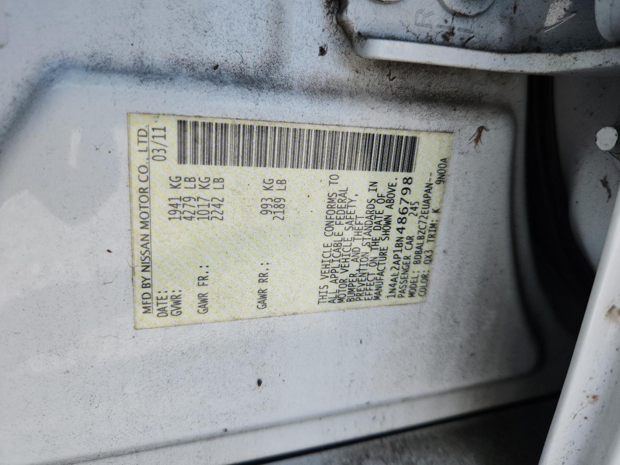 2011 Nissan Altima Base VIN: 1N4AL2AP1BN486798 Lot: 81623225