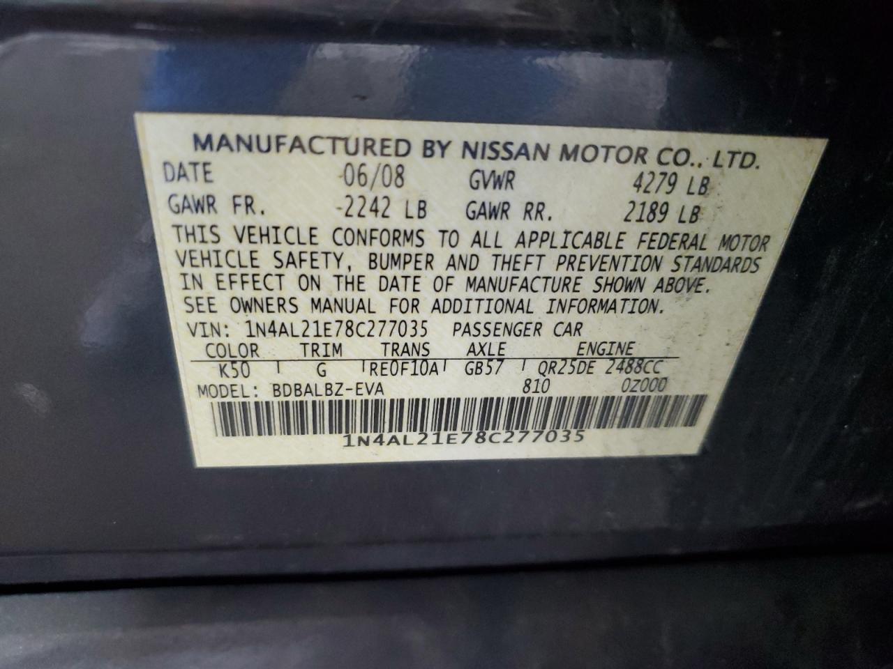 2008 Nissan Altima 2.5 VIN: 1N4AL21E78C277035 Lot: 83839785