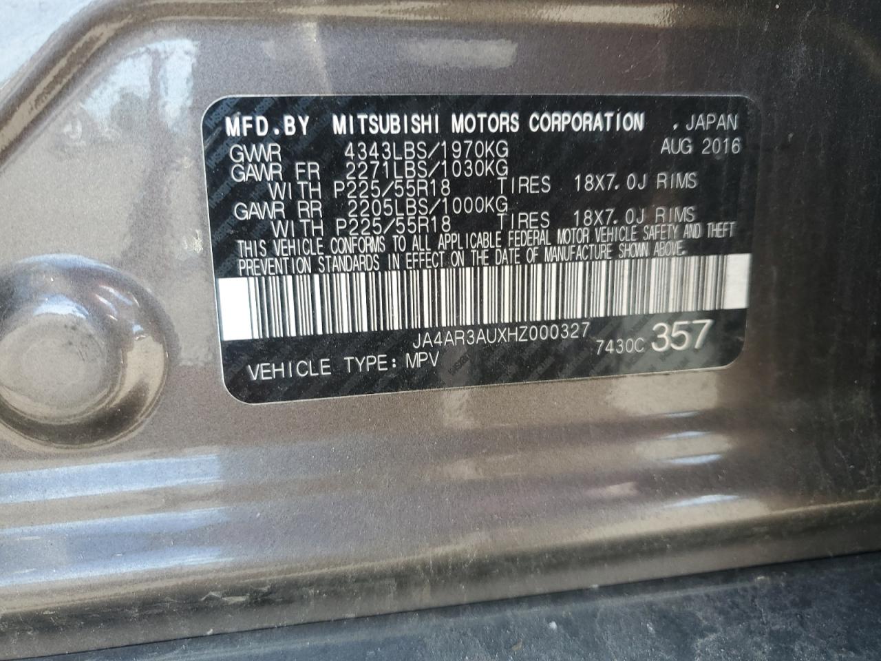 2017 Mitsubishi Outlander Sport Es VIN: JA4AR3AUXHZ000327 Lot: 71122545