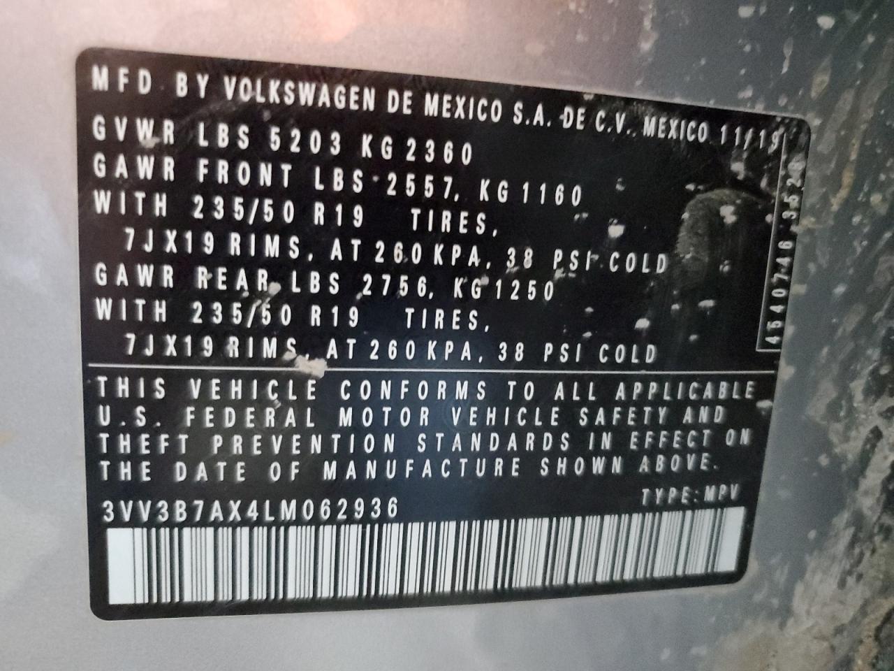 2020 Volkswagen Tiguan Se VIN: 3VV3B7AX4LM062936 Lot: 80026415