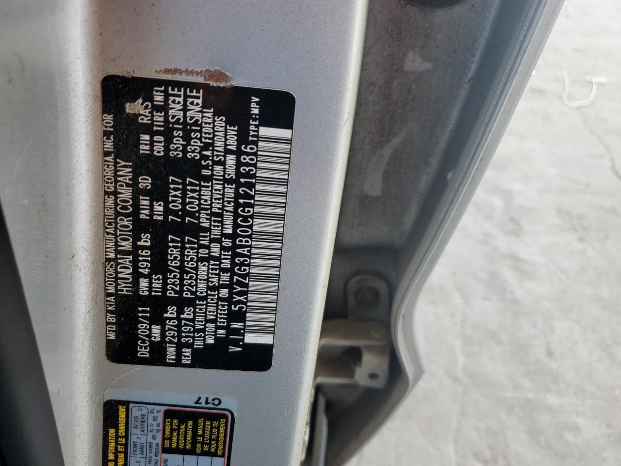 2012 Hyundai Santa Fe Gls VIN: 5XYZG3AB0CG121386 Lot: 82047405