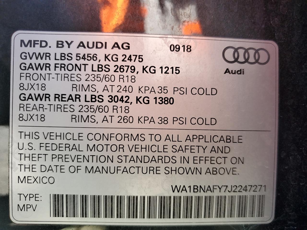 2018 Audi Q5 Premium Plus VIN: WA1BNAFY7J2247271 Lot: 71886535