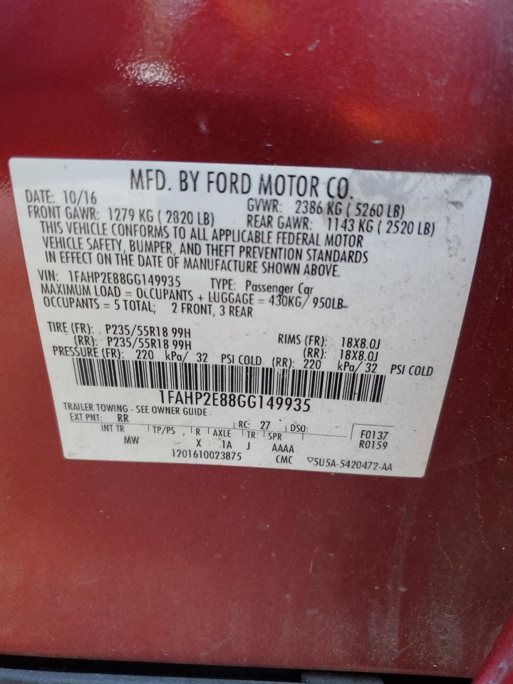 2016 Ford Taurus Sel VIN: 1FAHP2E88GG149935 Lot: 81218925