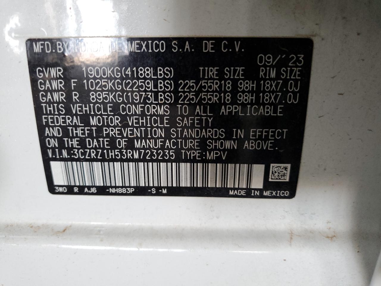 2024 Honda Hr-V Sport VIN: 3CZRZ1H53RM723235 Lot: 70867065