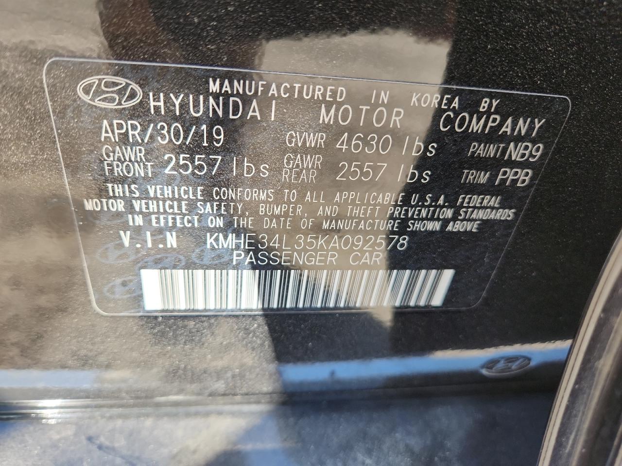 2019 Hyundai Sonata Hybrid VIN: KMHE34L35KA092578 Lot: 70900965