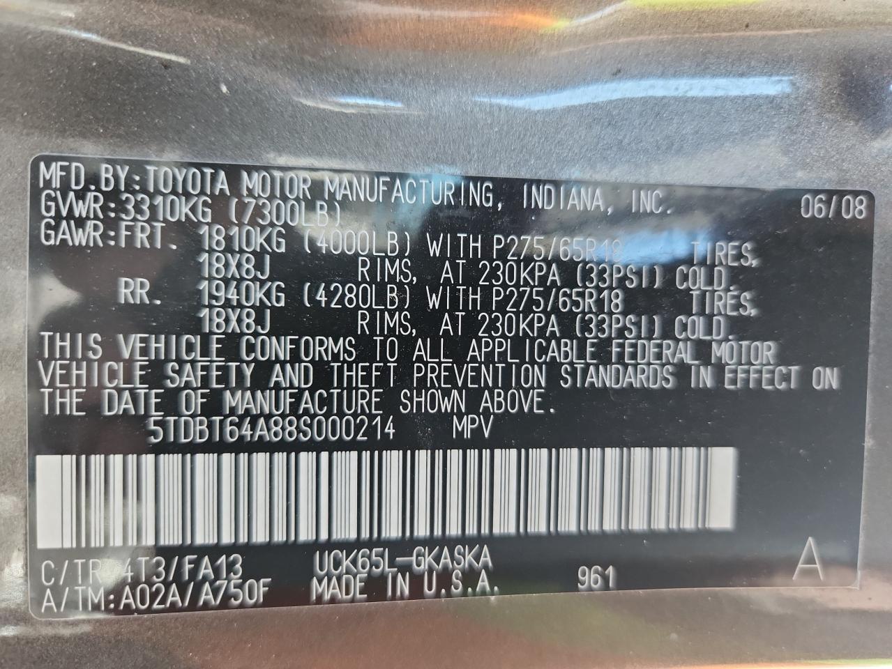 2008 Toyota Sequoia Sr5 VIN: 5TDBT64A88S000214 Lot: 80182625