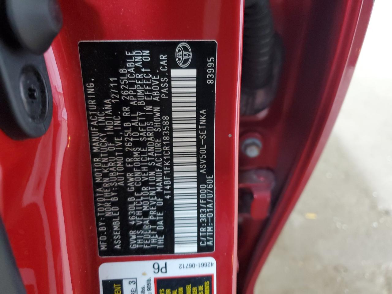 2012 Toyota Camry Base VIN: 4T4BF1FK1CR183588 Lot: 84263185