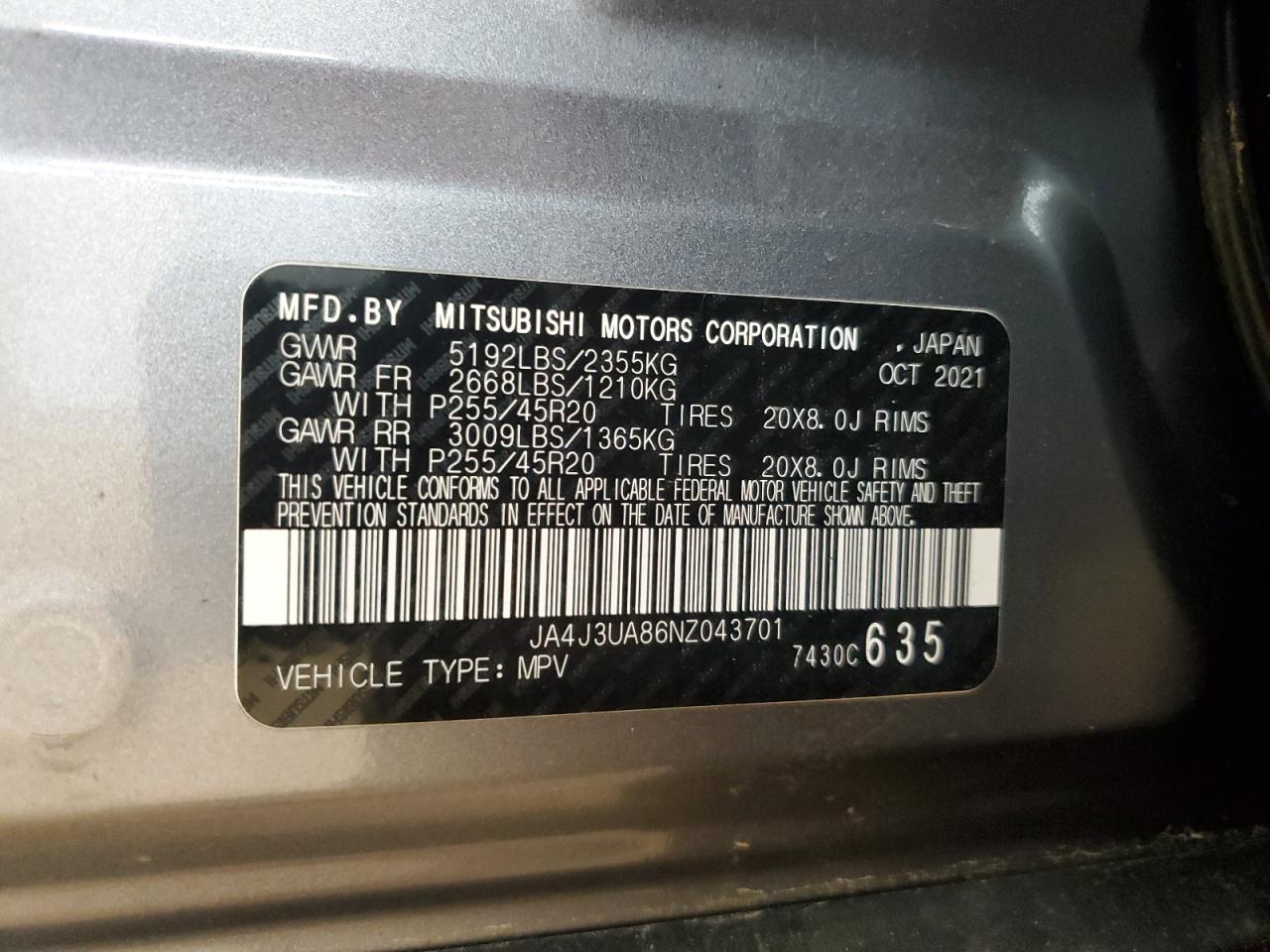 2022 Mitsubishi Outlander Se VIN: JA4J3UA86NZ043701 Lot: 80940685