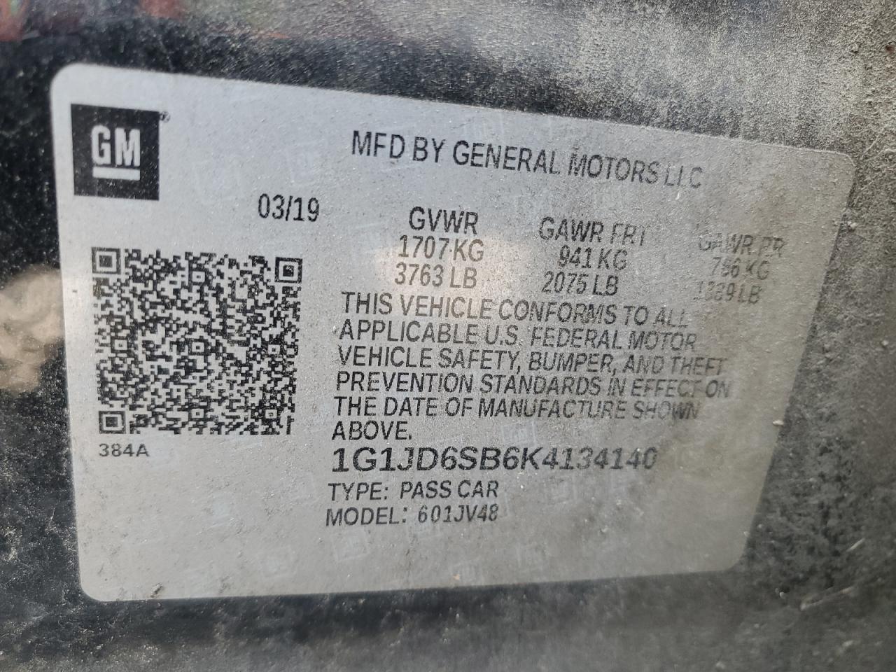 2019 Chevrolet Sonic Lt VIN: 1G1JD6SB6K4134140 Lot: 80668705