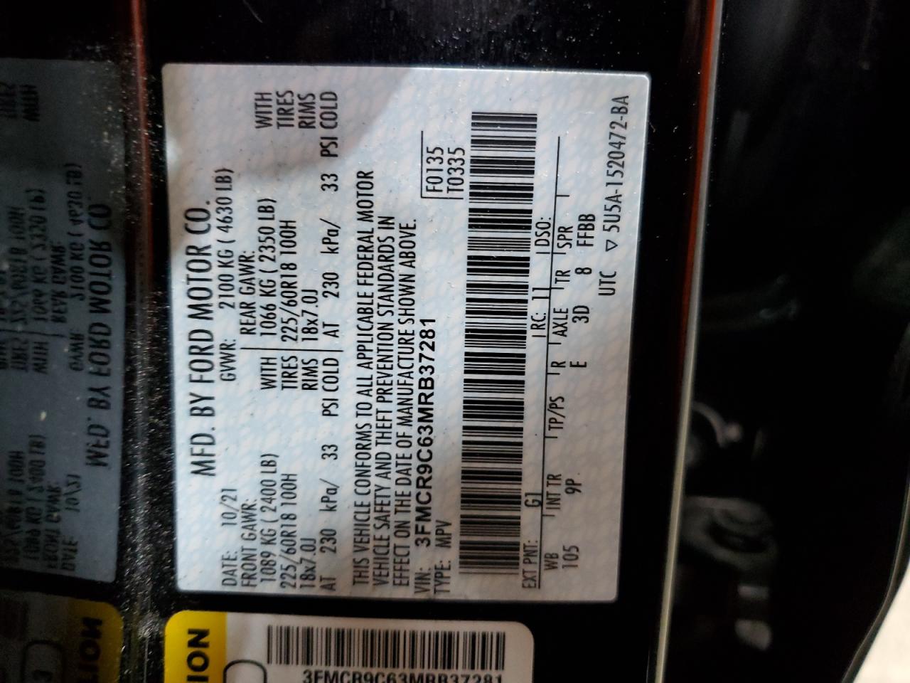 2021 Ford Bronco Sport Outer Banks VIN: 3FMCR9C63MRB37281 Lot: 71326845