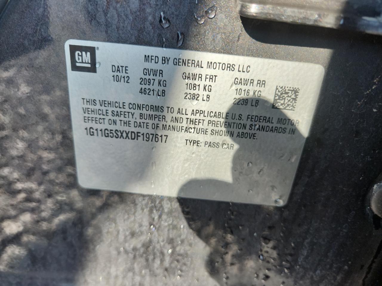 2013 Chevrolet Malibu 3Lt VIN: 1G11G5SXXDF197617 Lot: 80061835