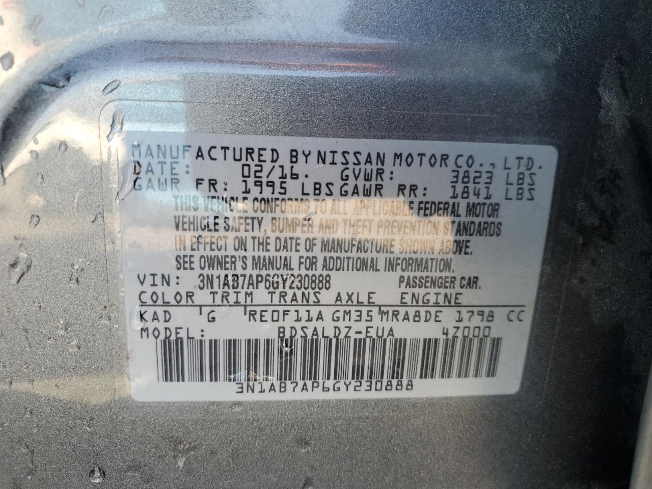 2016 Nissan Sentra S VIN: 3N1AB7AP6GY230888 Lot: 71802845