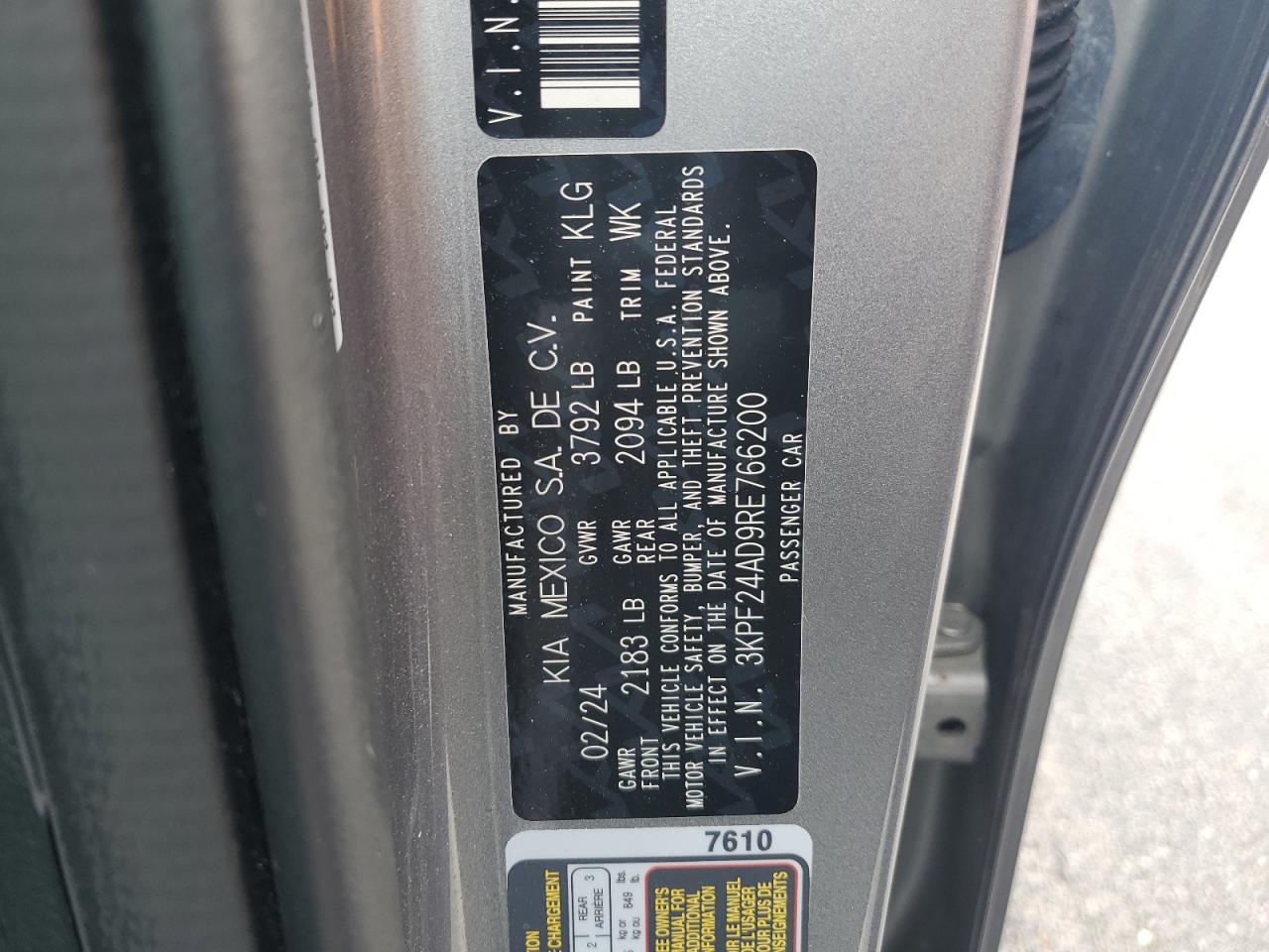 2024 Kia Forte Lx VIN: 3KPF24AD9RE766200 Lot: 71802305