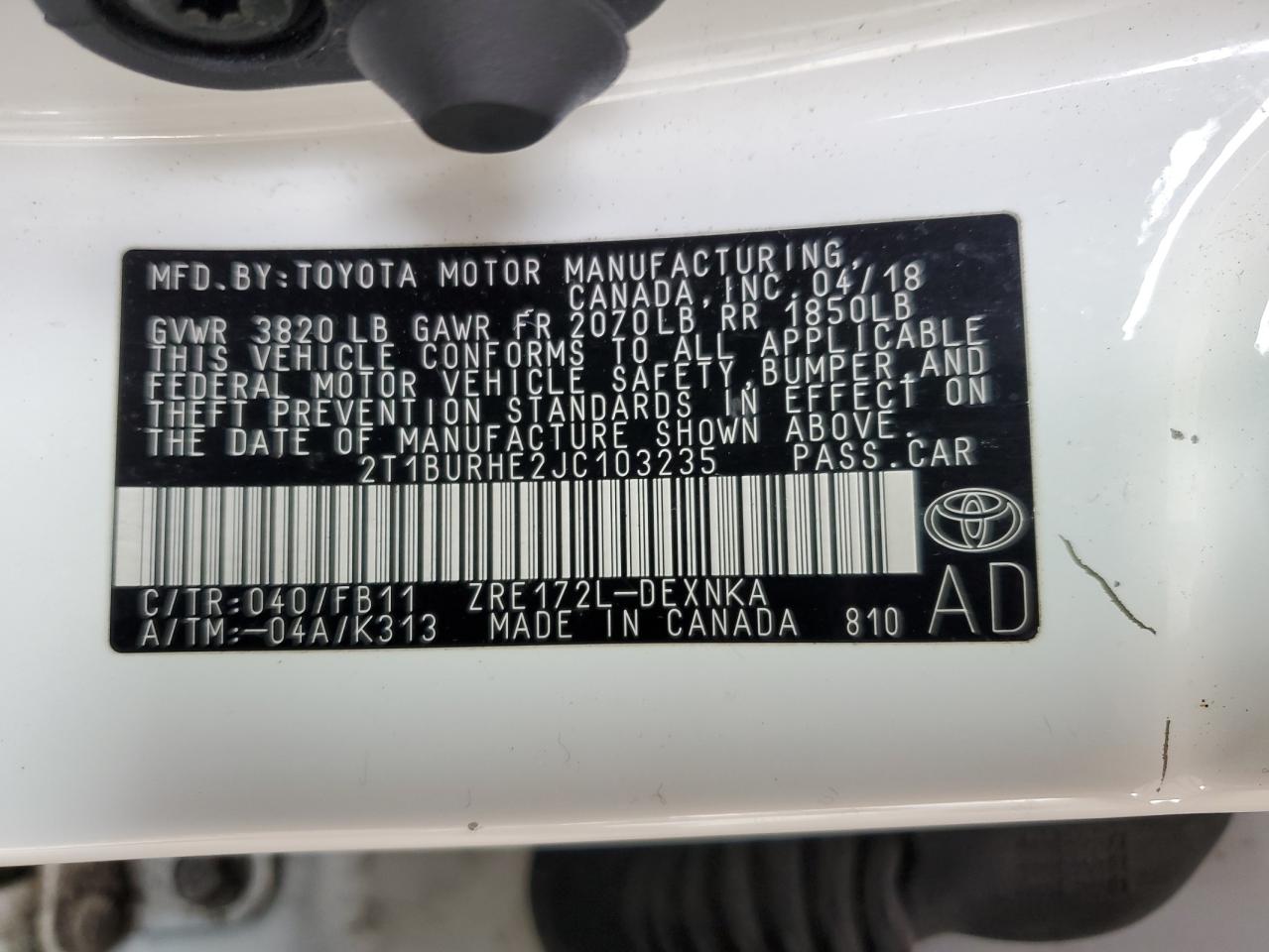 2018 Toyota Corolla L VIN: 2T1BURHE2JC103235 Lot: 84211615