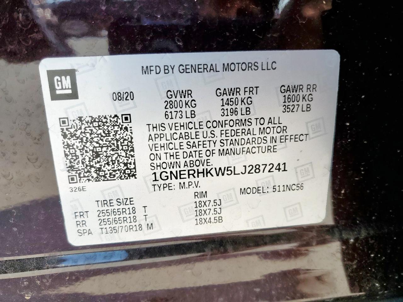 2020 Chevrolet Traverse Lt VIN: 1GNERHKW5LJ287241 Lot: 71933005