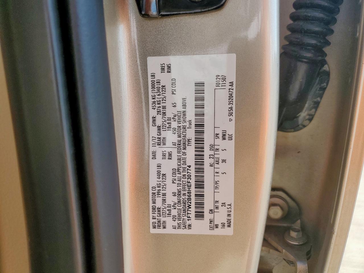 2017 Ford F250 Super Duty VIN: 1FT7W2B68HEF30774 Lot: 70228115