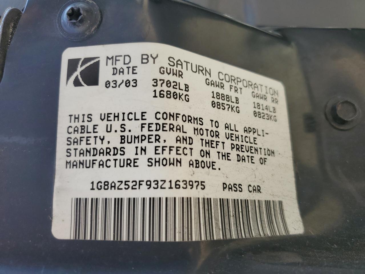 2003 Saturn Ion Level 2 VIN: 1G8AZ52F93Z163975 Lot: 80673845