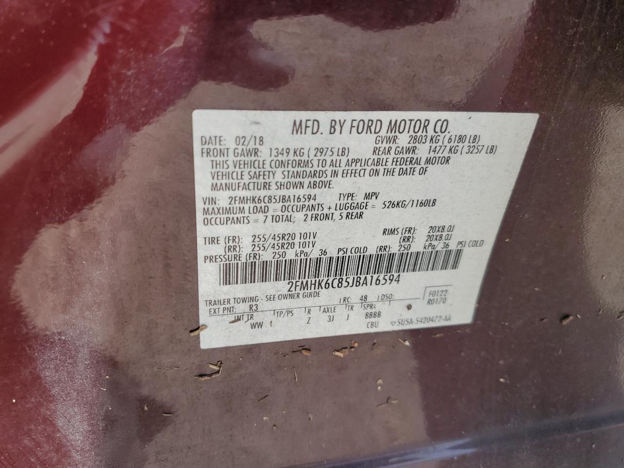 2018 Ford Flex Sel VIN: 2FMHK6C85JBA16594 Lot: 81593725