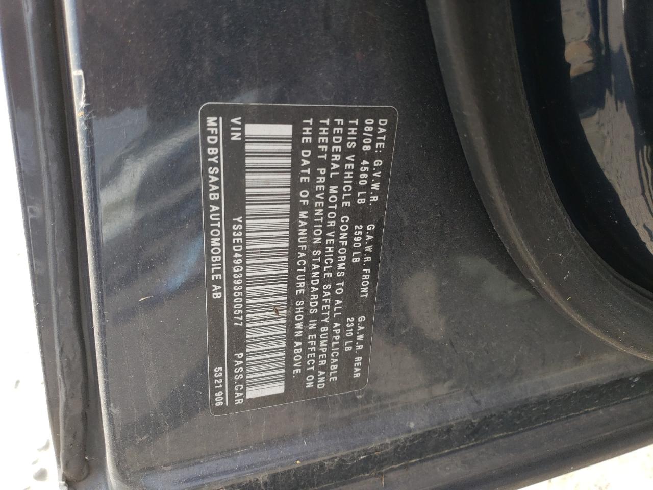 2009 Saab 9-5 2.3T VIN: YS3ED49G393500577 Lot: 70787665