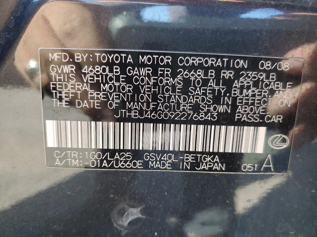 2009 Lexus Es 350 VIN: JTHBJ46G092276843 Lot: 80751425