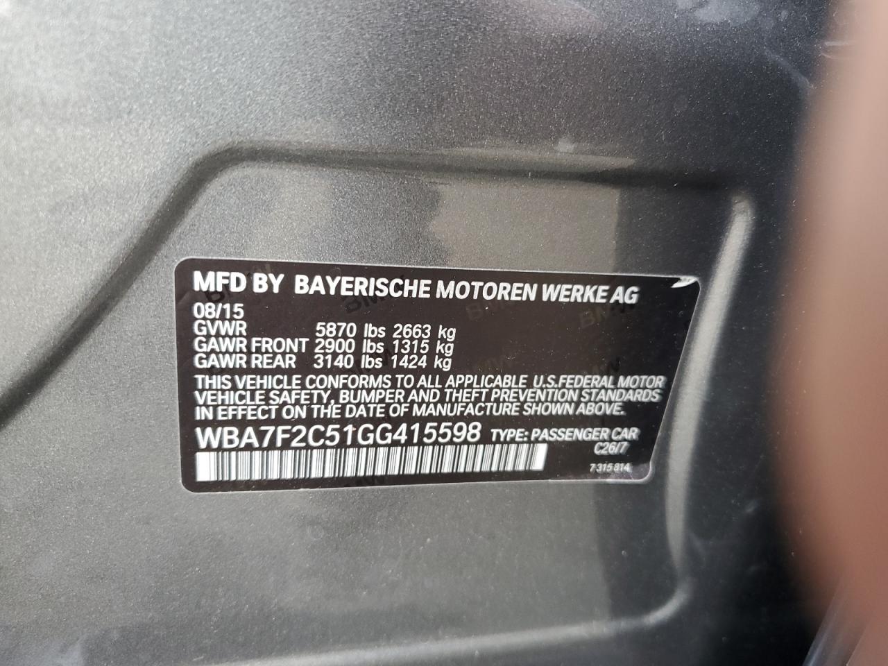 2016 BMW 750 Xi VIN: WBA7F2C51GG415598 Lot: 81153025