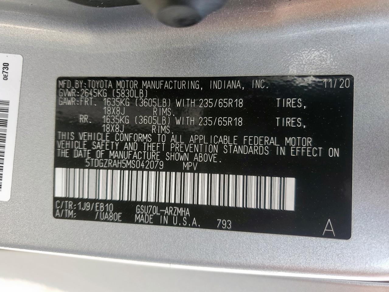 2021 Toyota Highlander Xle VIN: 5TDGZRAH5MS042079 Lot: 80983555