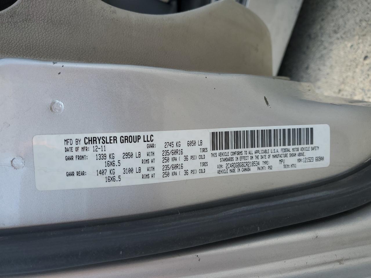 2012 Dodge Grand Caravan Se VIN: 2C4RDGBG6CR218534 Lot: 84594045