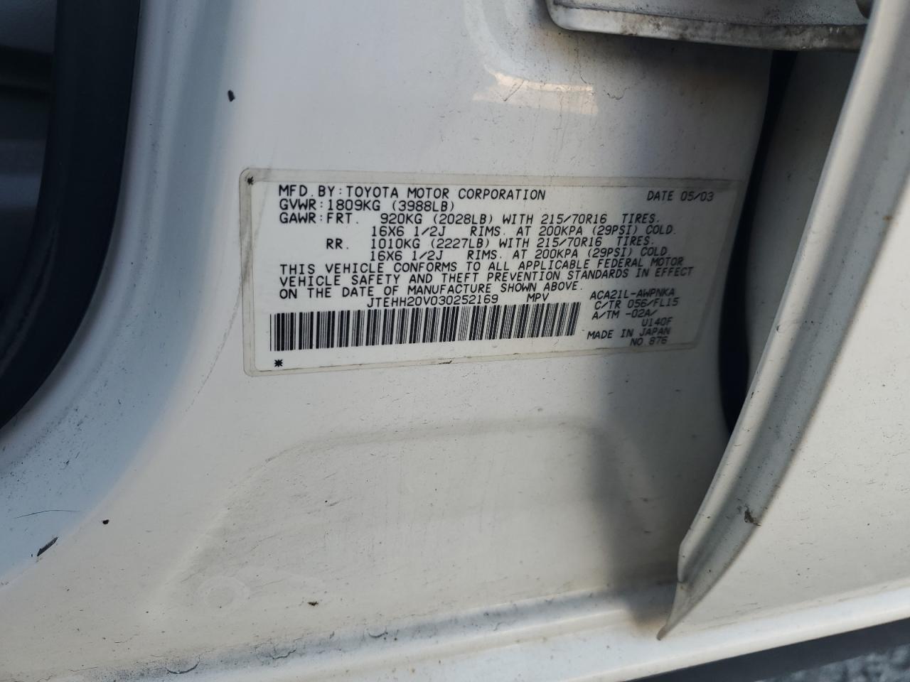 2003 Toyota Rav4 VIN: JTEHH20V030252169 Lot: 81075915