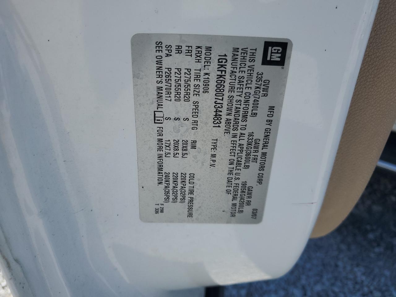 2007 GMC Yukon Xl Denali VIN: 1GKFK66807J344831 Lot: 80280795