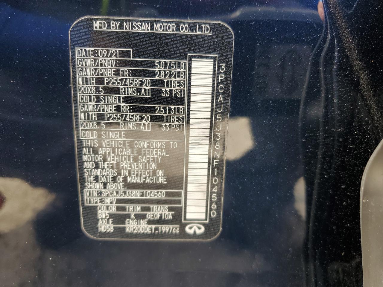 2022 Infiniti Qx55 Luxe VIN: 3PCAJ5J38NF104560 Lot: 84386355