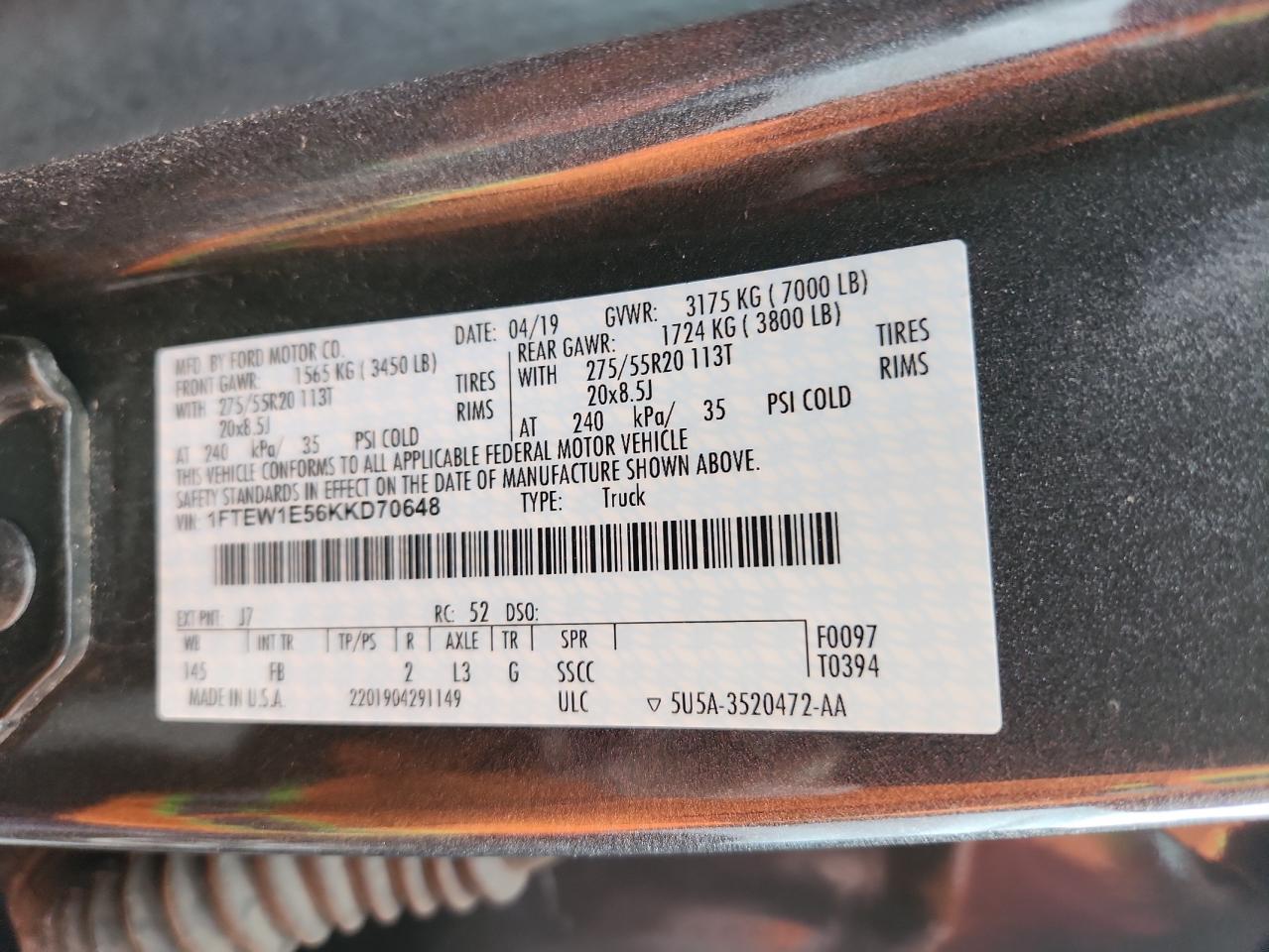 2019 Ford F150 Supercrew VIN: 1FTEW1E56KKD70648 Lot: 71815035