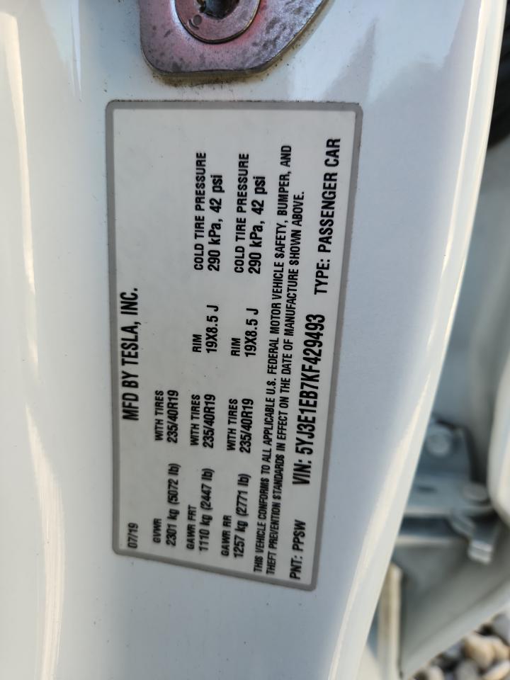 2019 Tesla Model 3 VIN: 5YJ3E1EB7KF429493 Lot: 70009585
